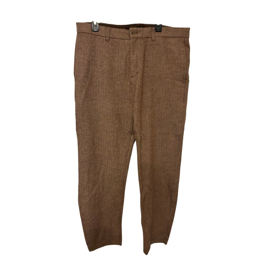 Russell Simmons Mens Wool Dress Pants 36 Brown Herringbone Flat Front Trousers